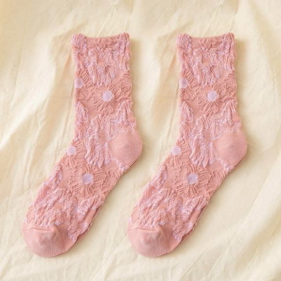Dyfzdhu Women Autumn Winter Sunflower Jacquard Socks Cotton Thermal Mid Tube Socks Breathable Crew Socks