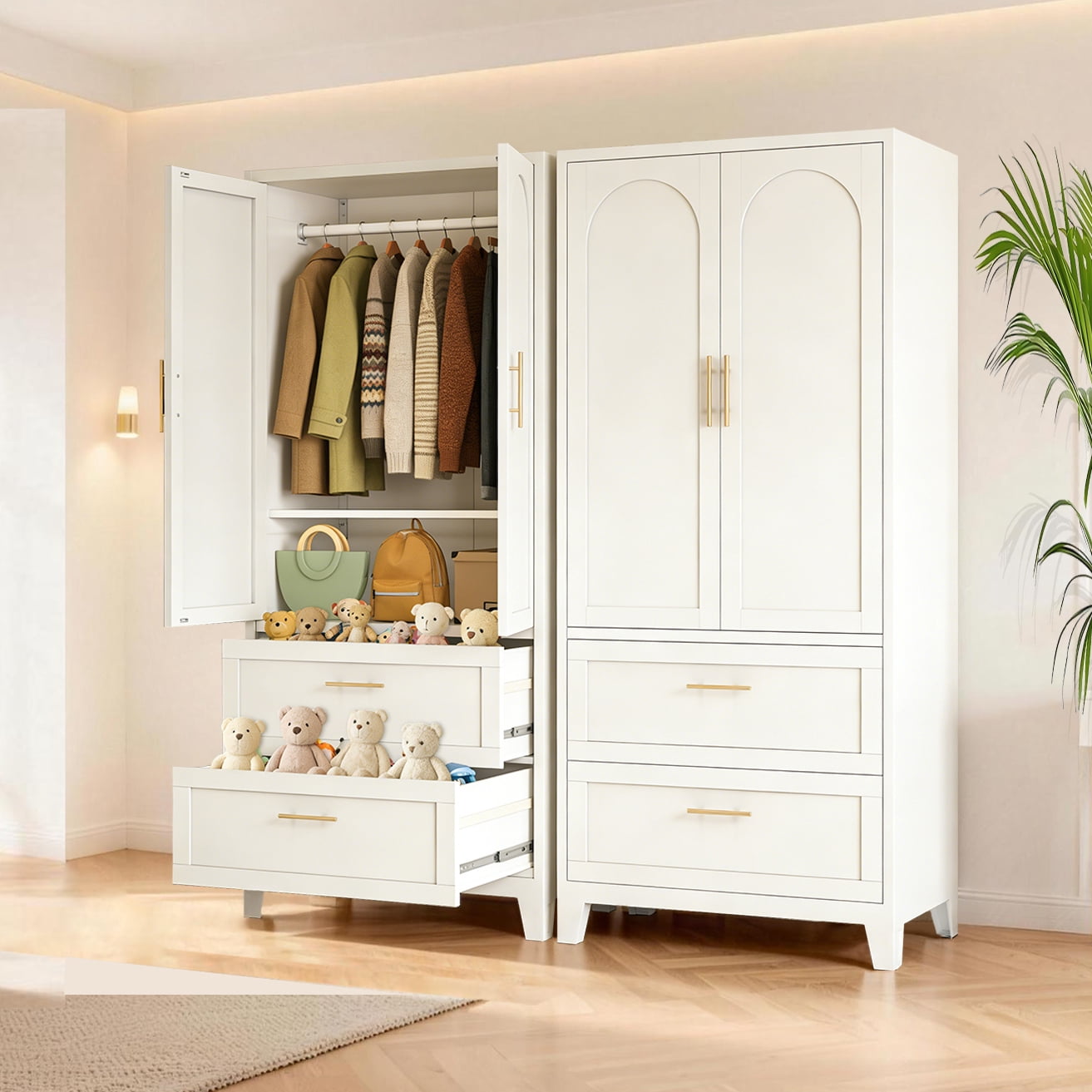 Metal Wardrobe Cabinet 71"H, 2 Drawers with Hanging Rod and Shelf, 2 Doors Storage Closet Organizer for Bedroom Office Laundry Room Entryway Foyer Guesthouse, White