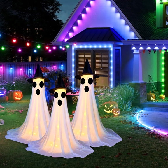 Anvora 3 Pack Standing Witch Hat Ghost Halloween Decor Outdoor, 3 sizes Cute Ghost Ornaments for Front Porch Lawn, Yard Garden Indoor Outdoor Halloween Party Decor Supplies