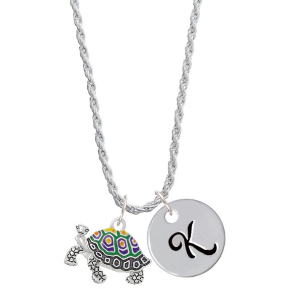 Delight Jewelry Enamel Side Turtle Silvertone Script Initial Disc - K - Charm Necklace, 20"+3"