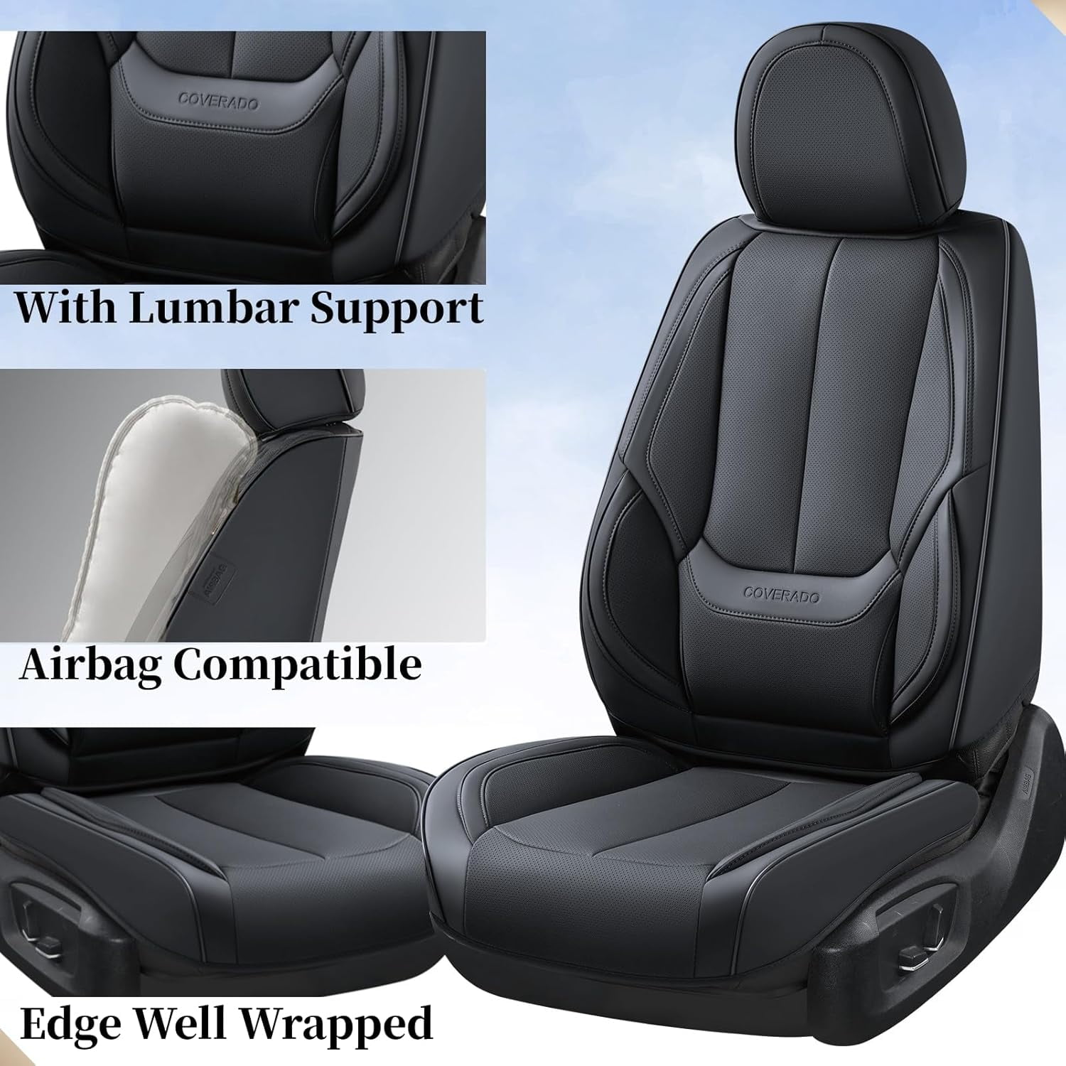 Coverado Black Front Car Seat Covers, Stylish Waterproof Premium Leather Automotive Seat Protectors, Airbag Compatible Auto Interior Accessories Universal Fit for Most Cars SUV Pick-up Trucks