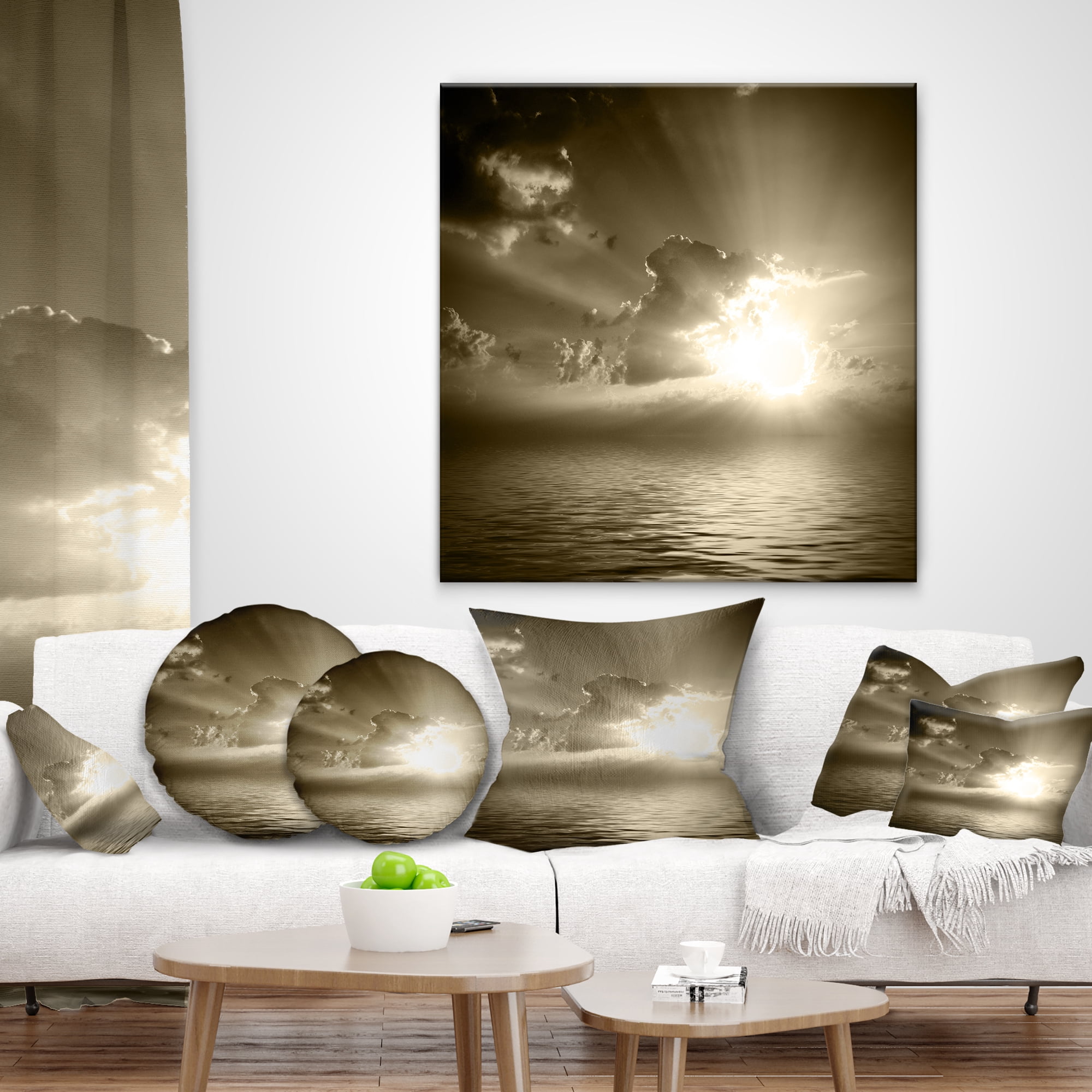 Designart Sepia Toned Cloudy Sunrise - Landscape Printed Throw Pillow - 16x16