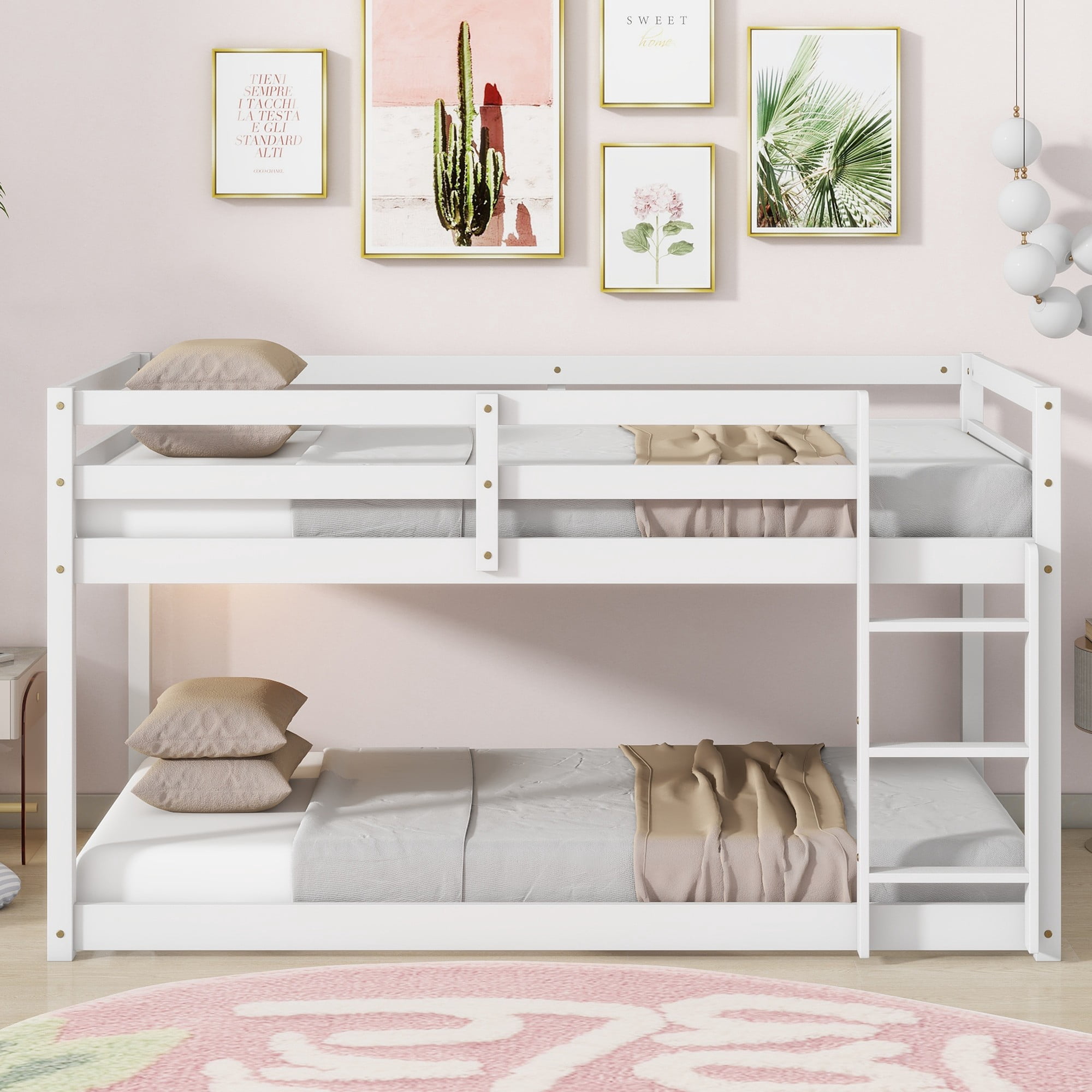 Aukfa Twin Over Twin Bunk Bed for Kids, Solid Rubber Wooden Bed Frame, White