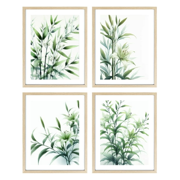 Botanical Wall Art Set of 4 Leaves Plants Framed Wall Decor 8x10 Sage Green Wall Art with Watercolor Pictures Minimalist for Bathroom Office