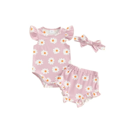 

Niceyoeuk Baby Girls Shorts Set Flower Print Romper with Shorts Hairband