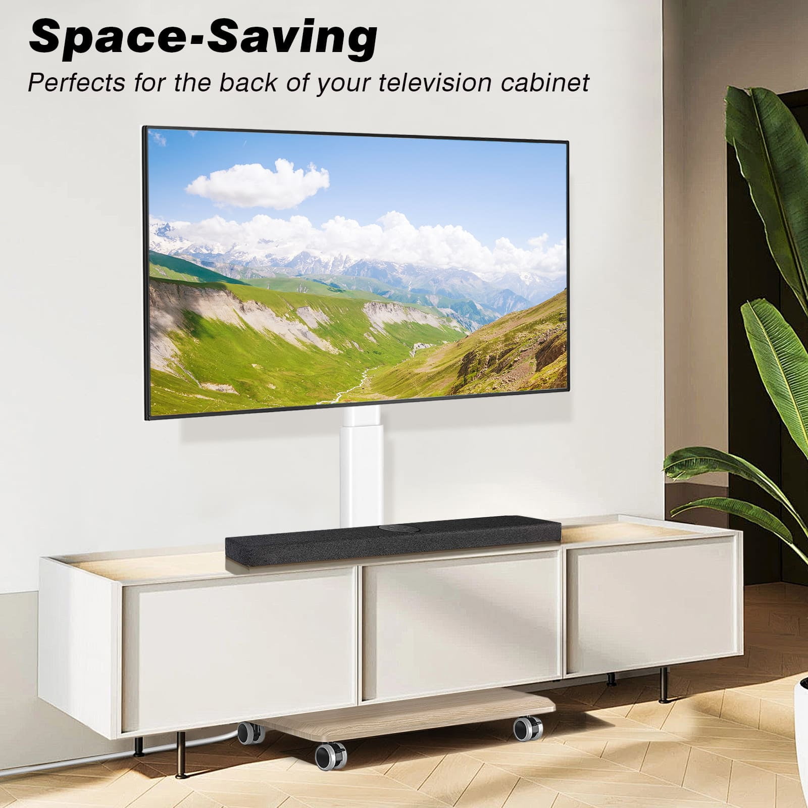 RTVR Mobile Rolling TV Stand on Wheels & Power Outlet for 32-70 inch Screens, Adjustable Indoor Outdoor TV Mount Stand with Wooden Base, White
