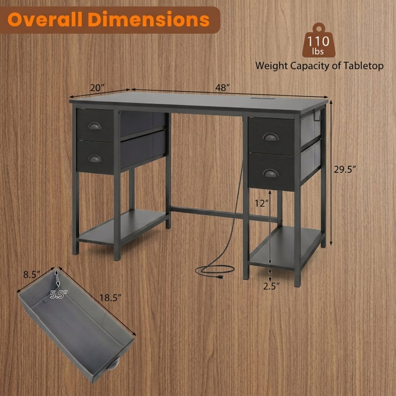 Furnibear 48 Inch Computer Desk with Power Outlet, Home Office Desk with 4 Fabric Drawers and Storage Shelves for Study, Black
