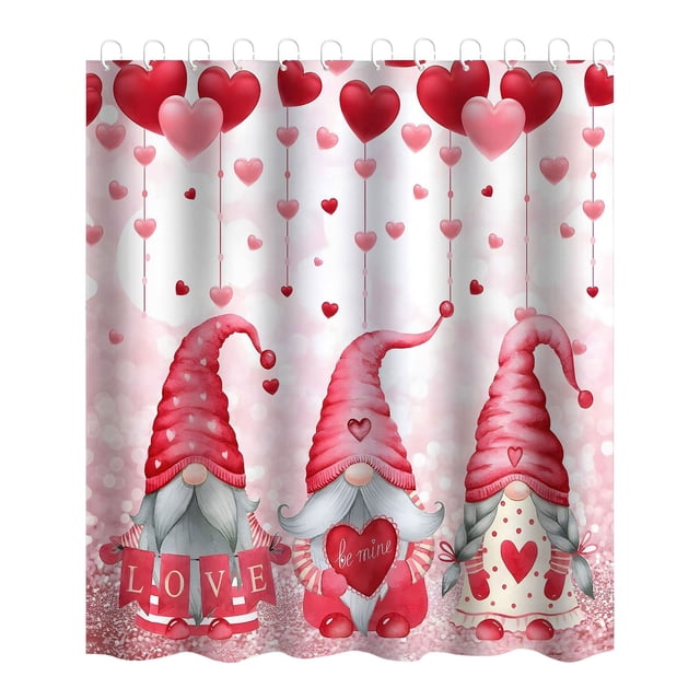 Offres de Liquidation Rideau de Douche de la Saint-Valentin Rouge Cœur Gnomes Rideau de Bain Tissu Ferme Planche Rideau de Douche Crochets Double Face
