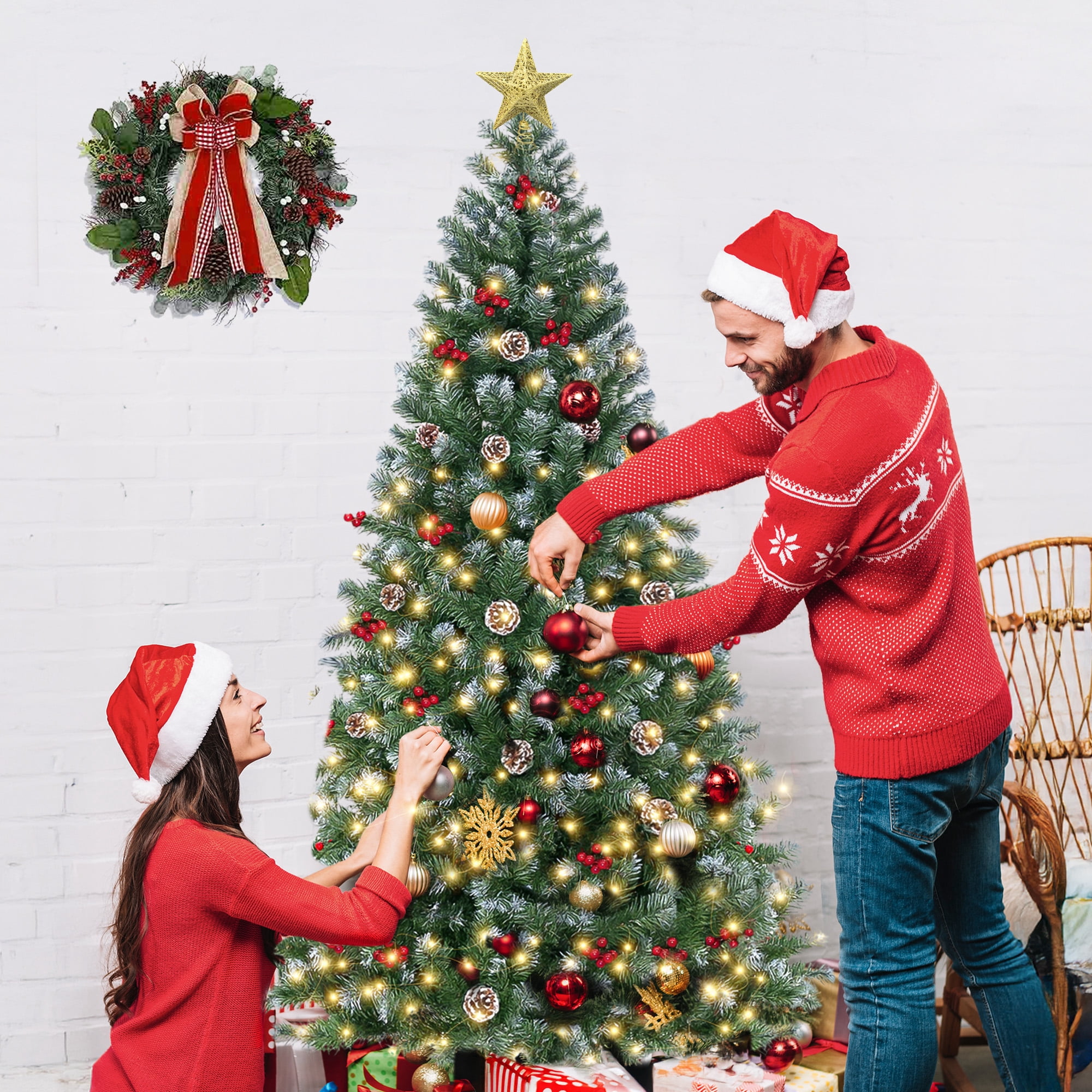 GVDV 6FT Pre-Lit Berry Christmas Tree, Artificial Snowflake Christmas Tree with 300LED Warm White Lights, Pine Cones & Top Star, Xmas Holiday Decor, Metal Hinges Easy Assembly