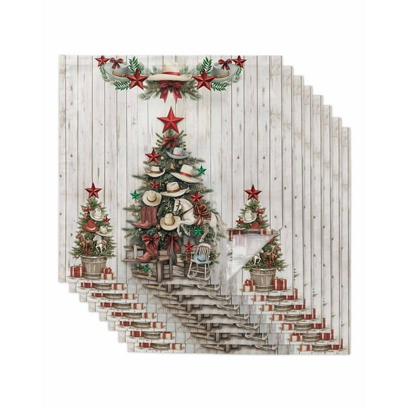 Western Christmas Cloth Napkins Set of 8, Xmas Cowboy Tree Vintage Wooden Washable Reusable Dinner Cocktail Napkin for Kitchen Party Wedding Banquet Holiday Baby Shower Table Decor