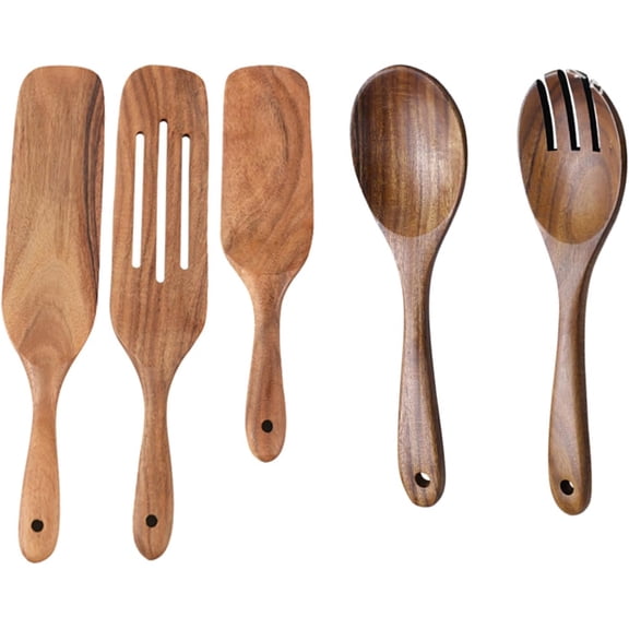 Natural Teak Wooden Cooking Utensils Set of 5:Nonstick Wooden Kitchen Utensil Set for Cooking,Stirring, Scooping and Filter,Wood Utensils Set,Durable and Comfort Grip