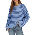 thumbnail image 2 of Womens Long Sleeve Sweater Striped Oversized Sweaters Casual Crewneck Knit Tops Light Blue S, 2 of 8