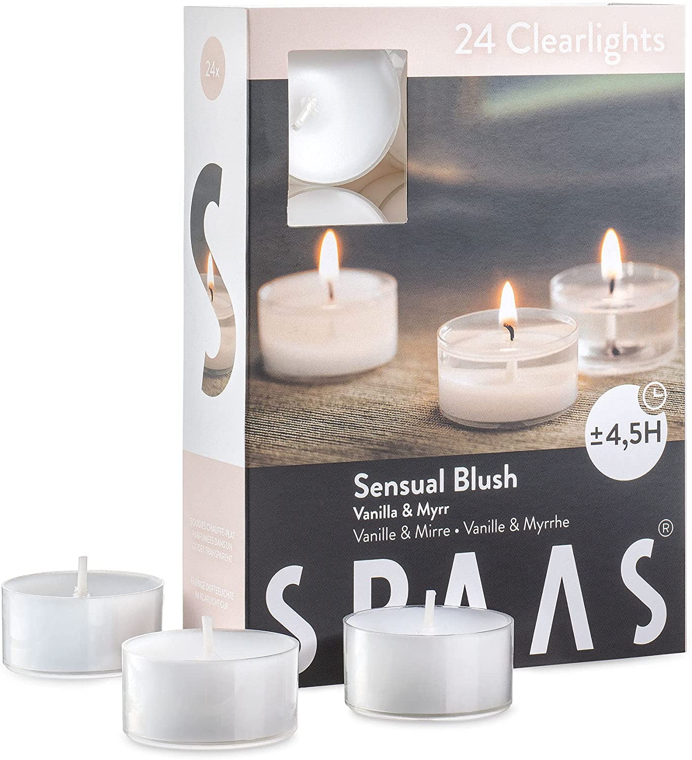 Scented Tea Lights Candles in Clear Cups Vanilla & Myrrh Fragrance Premium Long Burning