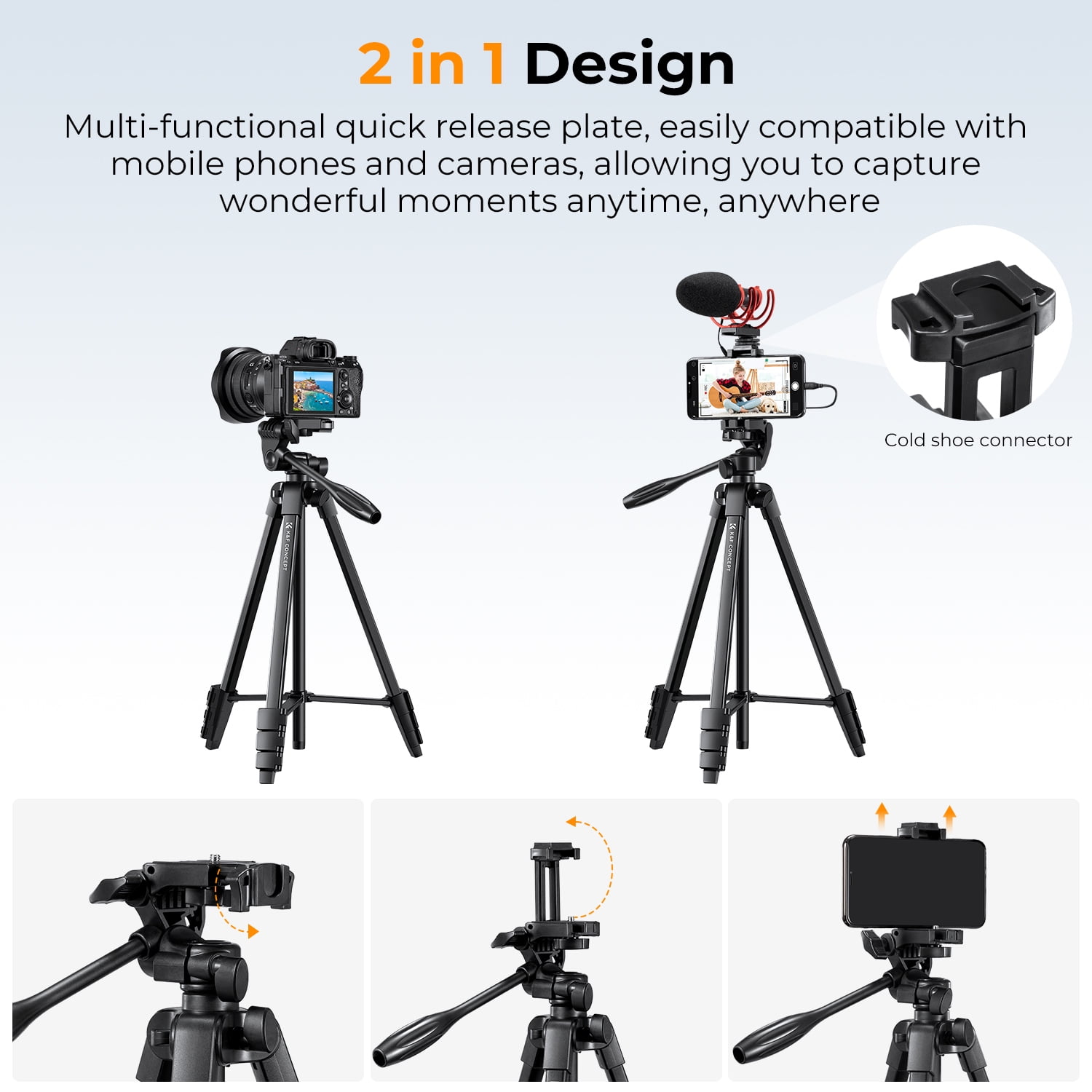 K&F CONCEPT 60" Ultra Lightweight Photography Camera Smartphone Tripod Stand with Remote, Cellphone Holder, 360° Panorama, Cold Shoe Interface, Portable Travel Tripods for iphone/phone