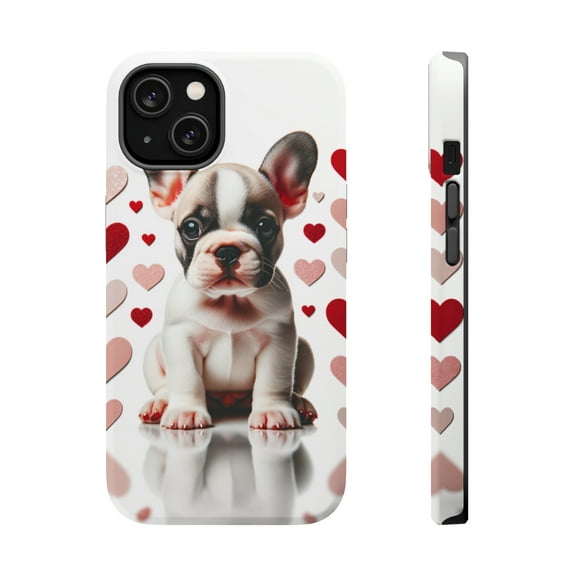 DistinctInk Tough Case for Apple iPhone 15 (6.1" Screen), Compatible with MagSafe Charging - Valentine's Day French Bulldog Puppy