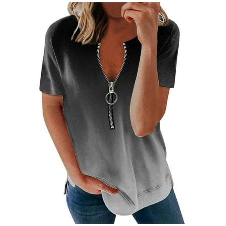 

Women s Summer Short SleevesＶ-Neck Zipper Leopard Hollow Out T-Shirt Blouse Tops