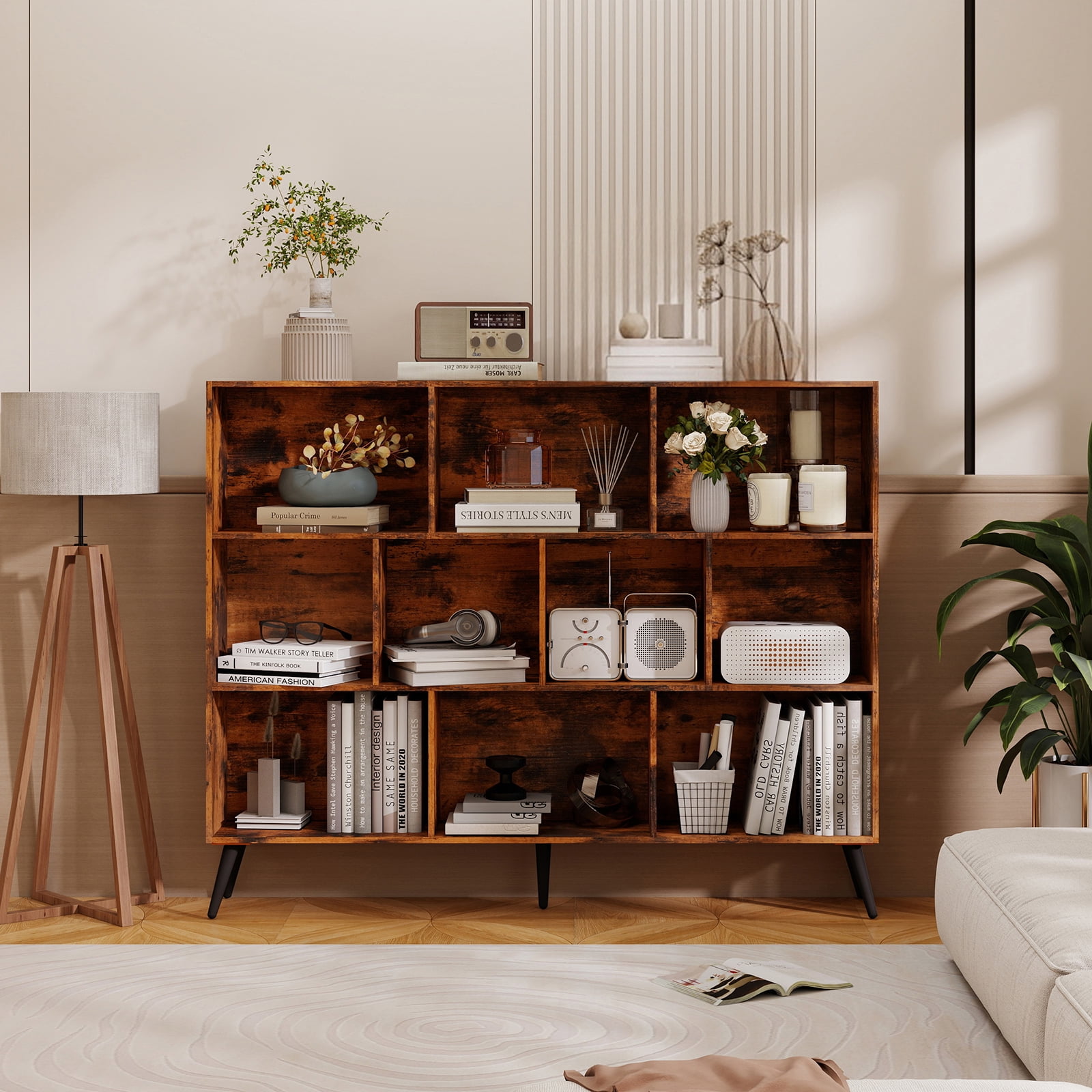 Wooden Cube Bookshelf,Mid-Century Modern 3-Tier Bookcase with Legs,Retro Wood Bookshelves Storage Organizer Shelf,Freestanding Open Book Shelves for Bedroom,Living Room,Office