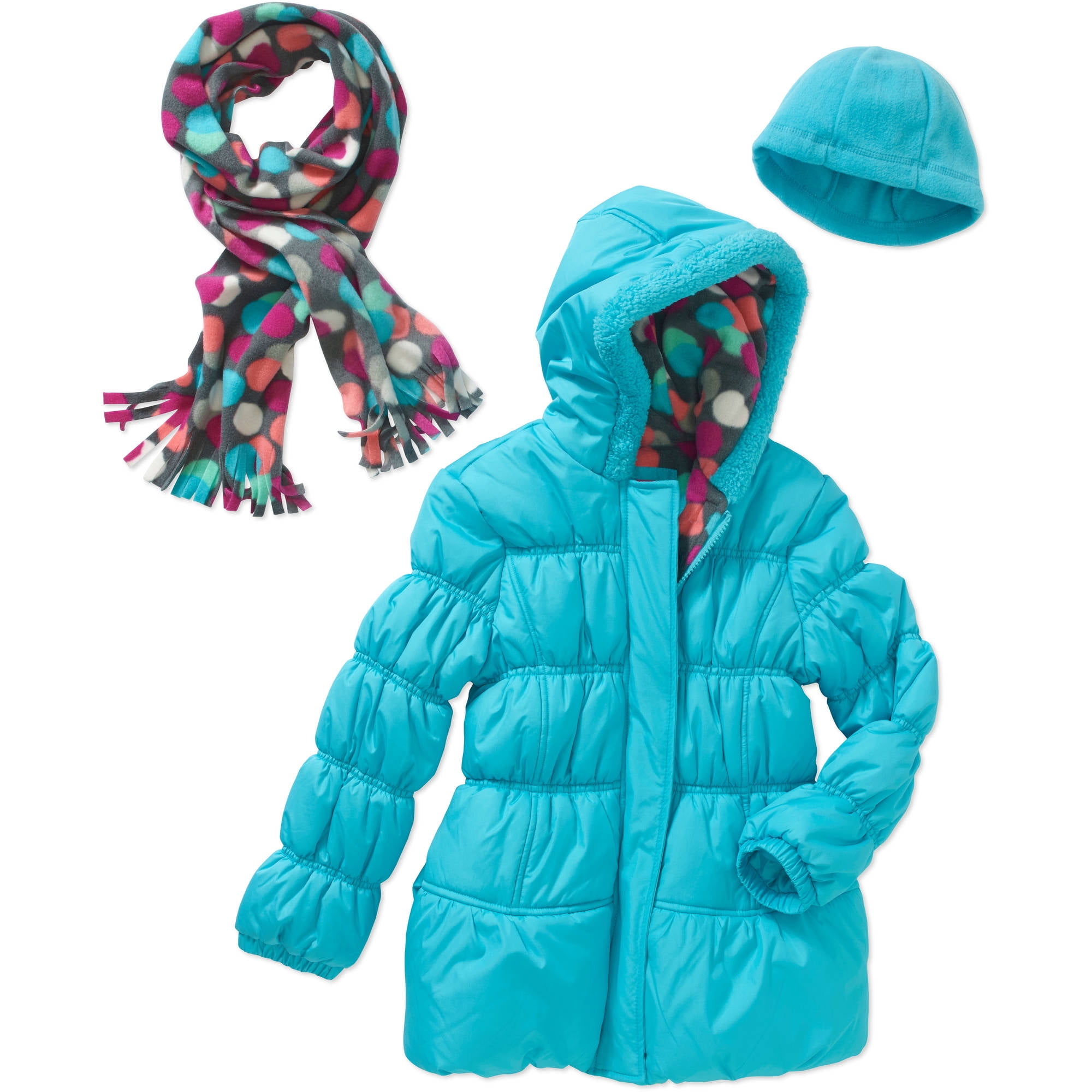 Nike Girls' Puffer Jacket with Faux Fur Trim Hood, Pockets, and Scarf