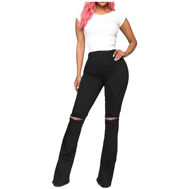 Pantalones casuales para mujer, pantalones de trompeta de mezclilla con agujeros delgados de cintura alta ShuxiuWang 8390605891915