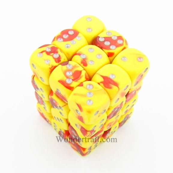 Red and Yellow Gemini Dice with Silver Pips D6 12mm (1/2in) Pack of 36 Chessex