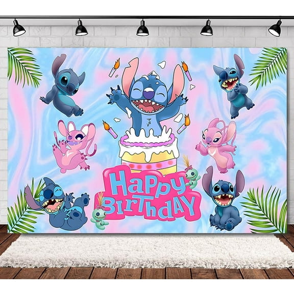 Stitch Birthday Anime Theme Backdrops Banner Birthday Party Decor Supplies,5.9x3.6ft