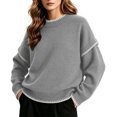 thumbnail image 3 of Tqcoqu Sweaters for Women Crewneck Long Sleeve Contrast Cable Knit Tops, Solid Loose Fit Casual Pullover Sweaters, Oversized Stitching Fall Clothes Outfits, 3 of 6