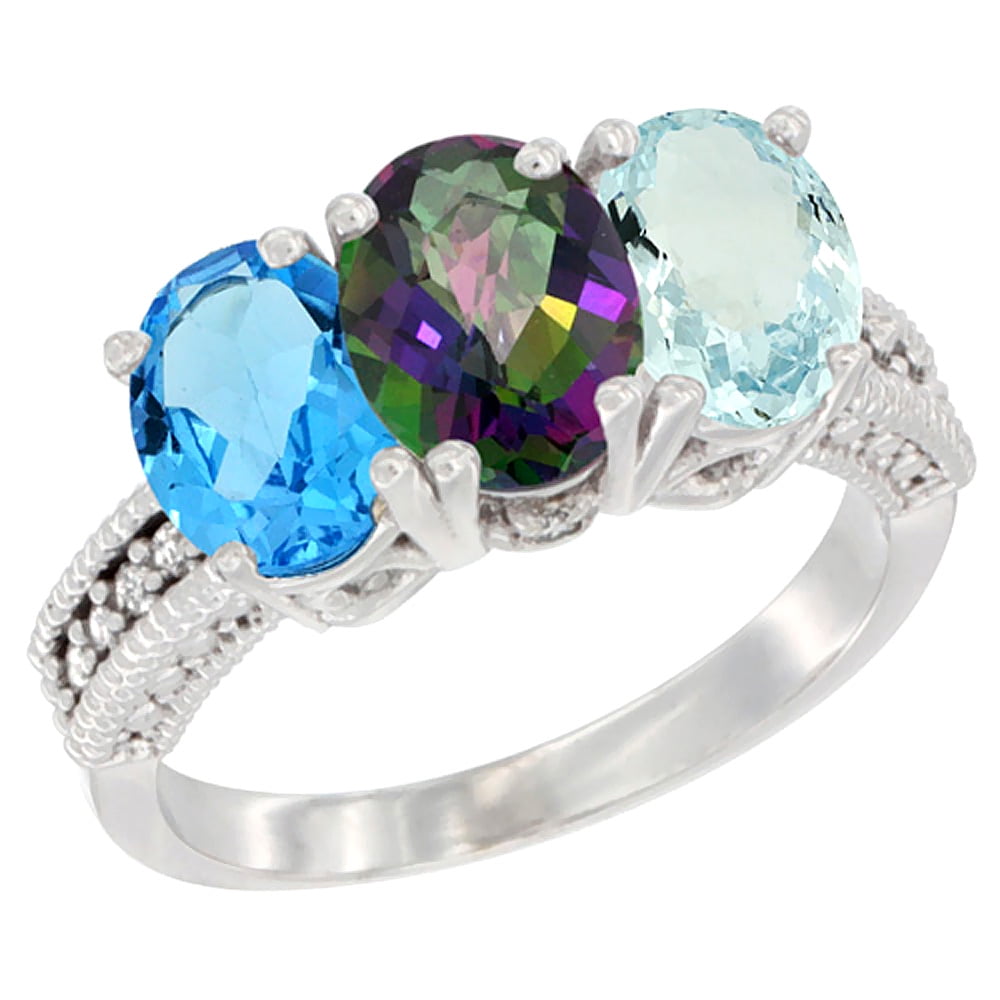 10K White Gold Natural Swiss Blue Topaz, Mystic Topaz & Aquamarine Ring 3-Stone Oval 7x5 mm Diamond Accent, sizes 5 10 by WorldJewels