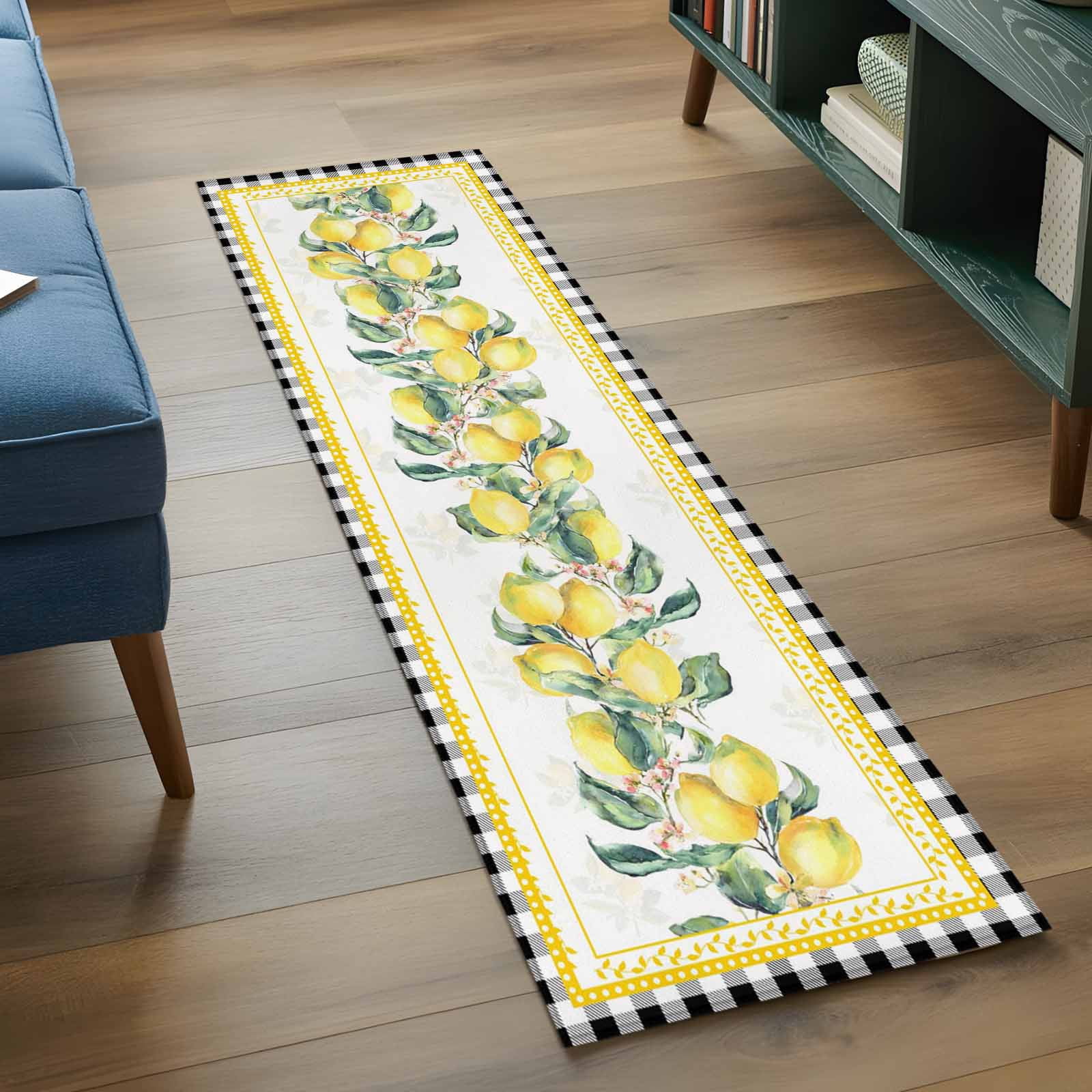 Yellow Lemon Kitchen Runner Rug 2x6 Washable Runners for Hallway Non Slip Summer Botanical Black White Plaid Pastoral Large Area Rug Indoor Floor Carpet for Bathroom Laundry Entryway Bedroom