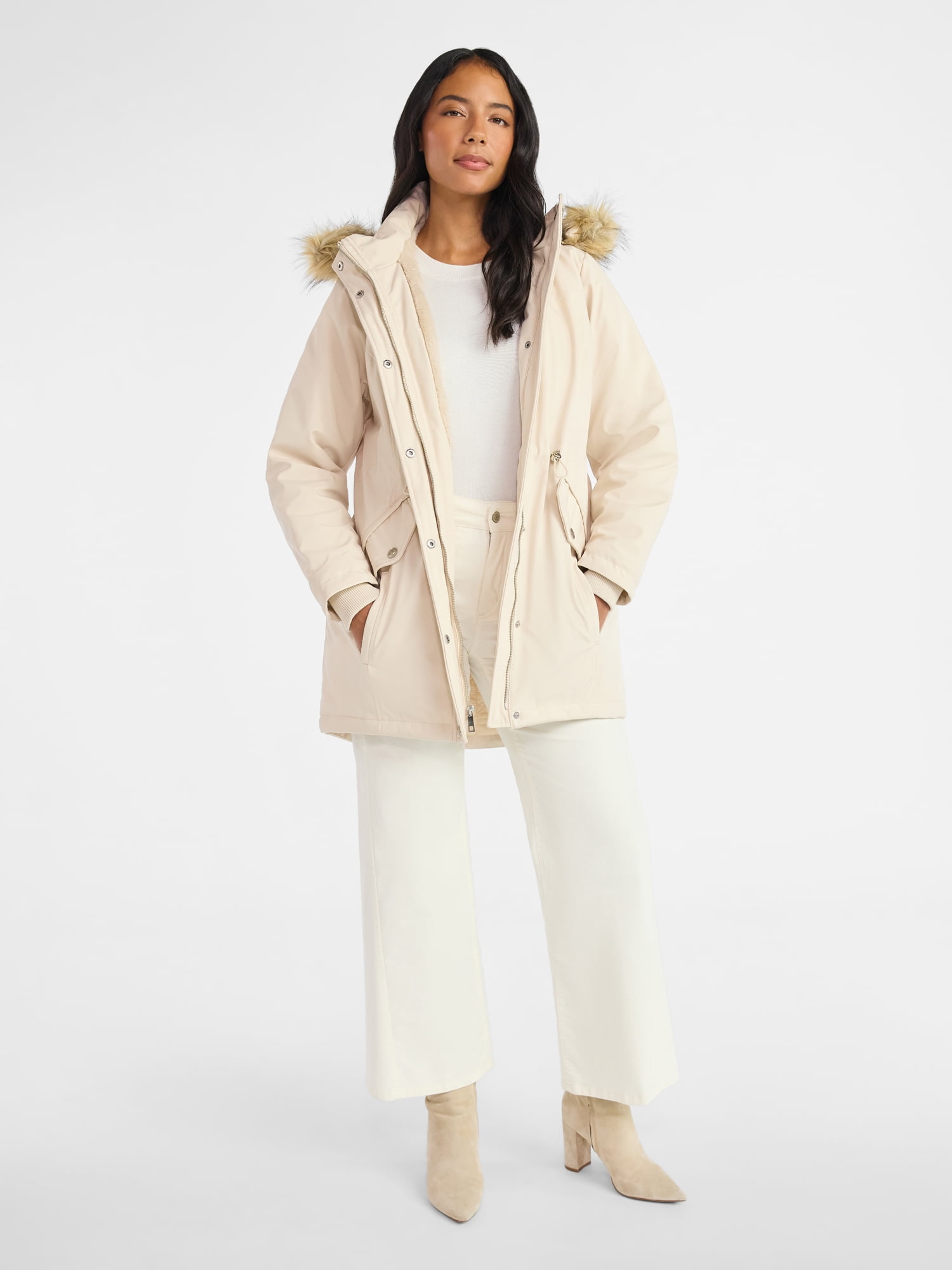 Time and Tru Women's and Women's Plus Hooded Anorak Jacket with Faux Fur Trim, Heavyweight, Sizes XS-2X
