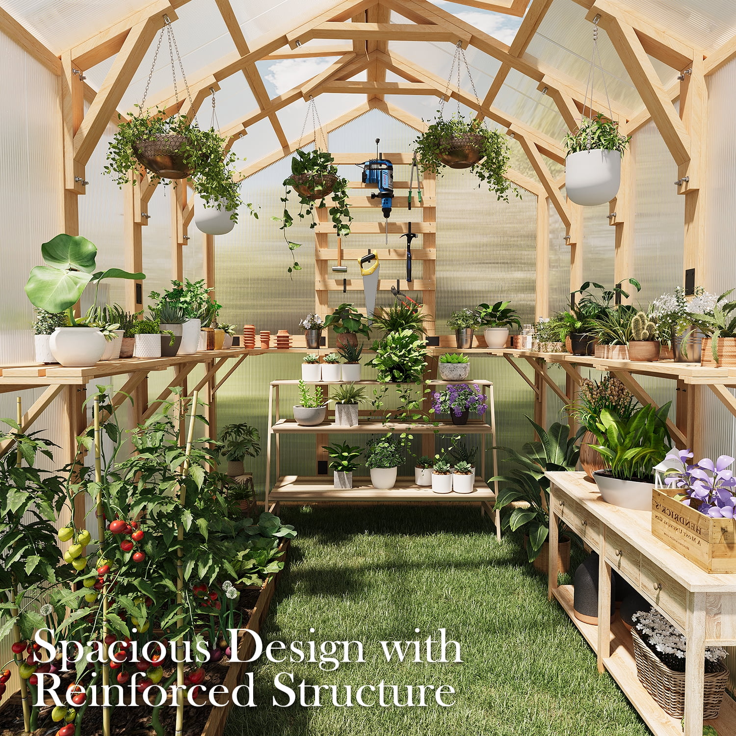AECOJOY 6x7 FT Wooden Greenhouse For Outdoors,Walk-in Garden Greenhouse with Plant Stand with Polycarbonate Panels for Backyard or Patio