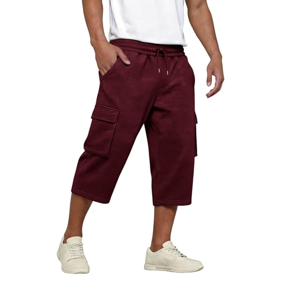 Dwelliawo Men's Cargo Shorts Summer Capri 3/4 Pants Long Below Knee Shorts Cargo Hiking Elastic Waist Multi-Pockets Pants Wine 2XL