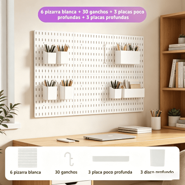 Panel perforado modular para pared de 6 piezas, 84×6 cm, organizador multifuncional de herramientas almacenes locales,Blanco
