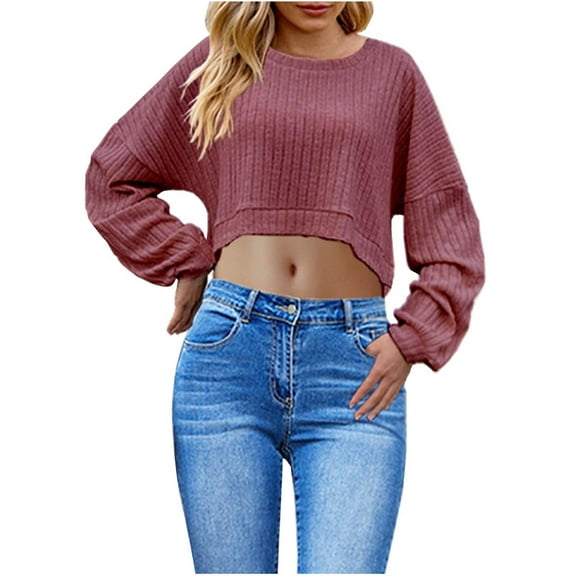 Kaemgyyd Going out Tops for Women Fall Fashion Clothing Ribbed Long Sleeve Crop Shirt Solid Knit Pullover Trendy Blouse