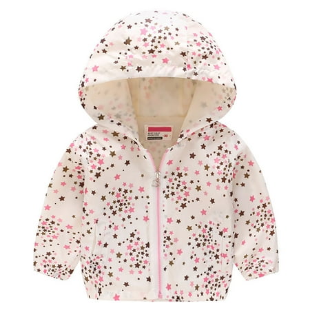 

1-6T Kids Girls Waterproof Windbreaker Printed Hooded Jackets Lined Rain Jackets - Beige Stars