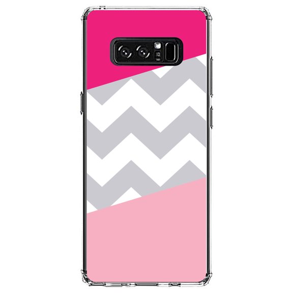 DistinctInk Clear Shockproof Hybrid Case for Samsung Galaxy Note 8 - TPU Bumper, Acrylic Back, Tempered Glass Screen Protector - Hot Pink Block Grey Chevron - Stripes Pattern