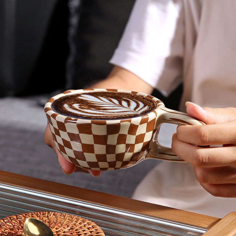 2Pcs Brown Checkered Coffee Mug with Saucer, Checkerboard Tea Cup for Office & Home, Novelty Coffee Cup for Housewarming Gift