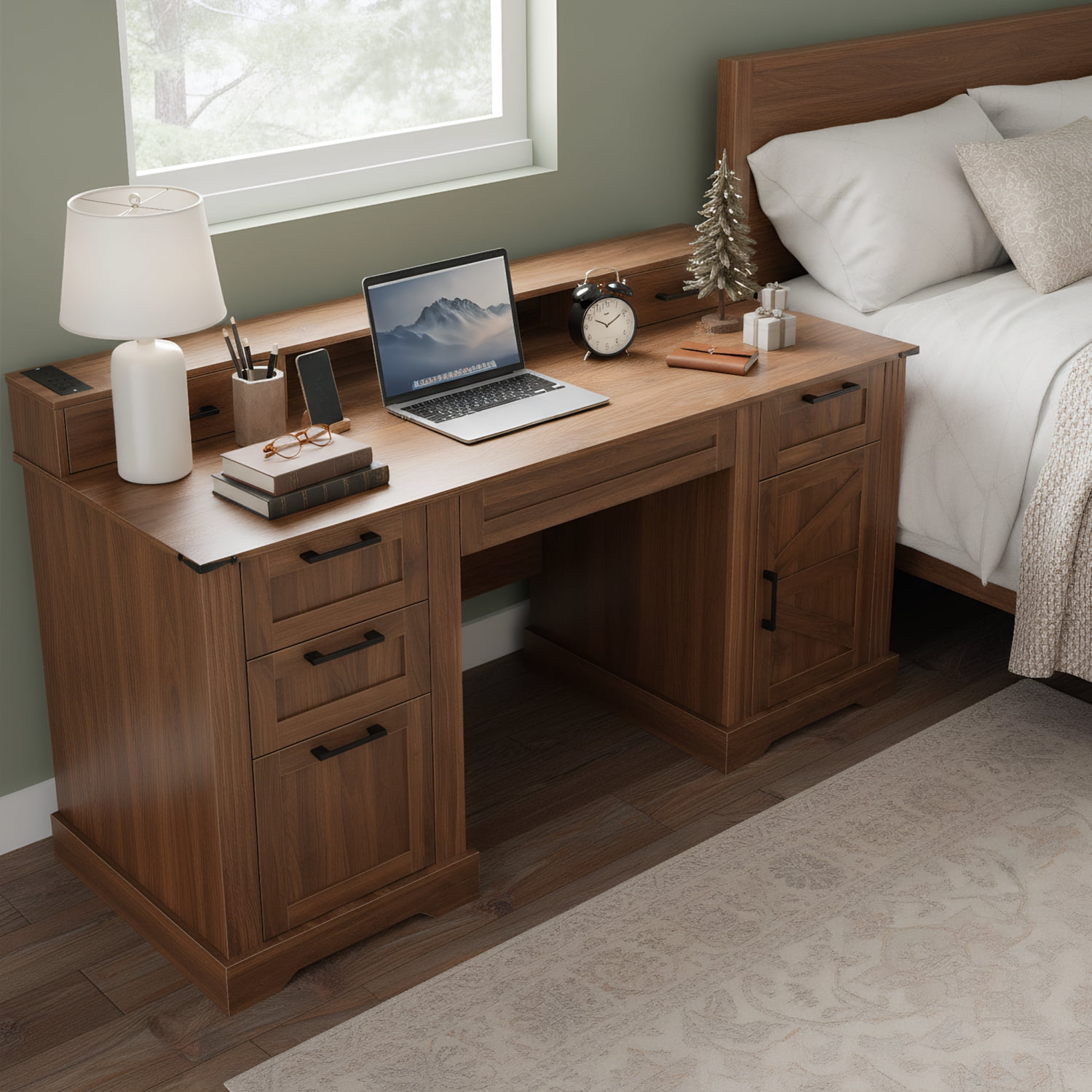 Youmumeub 59" Home Office Desk Dark Walnut with Built-In Charging Hub, Ergonomic Monitor Riser, File Drawer & Keyboard Tray, Barn Door Style Storage Cabinet – MDF Workstation