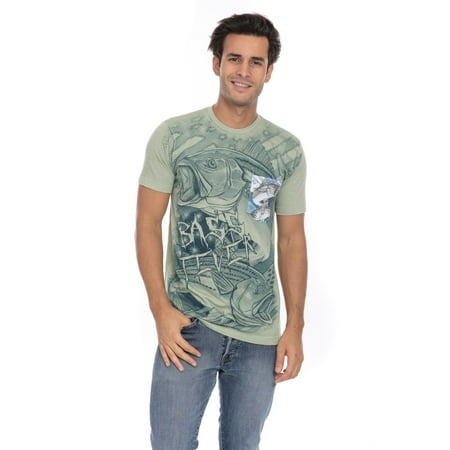 Back Open Pocket - Striped Bass Fish Fishing Fever Open Mind Soft T-Shirt Tee Printed Pocket Unisex Mens - Green
