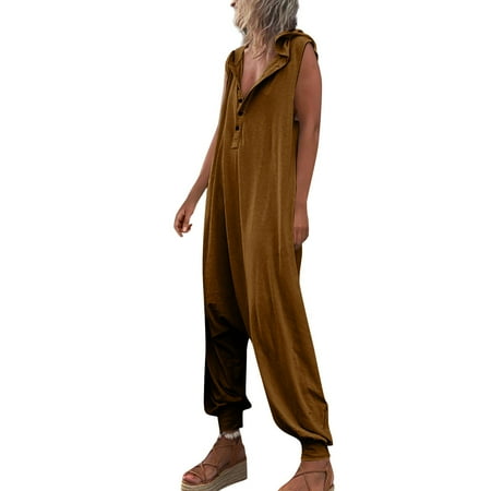 Upioiwer Funeral Outfit For Women Pastel Jumpsuit For Women Bodysuits For Women Full Length Women S Overalls Casual Loose Sleeveless Hooded Bib Jumpsuit With Pockets Hooded Dinner Outfits For W