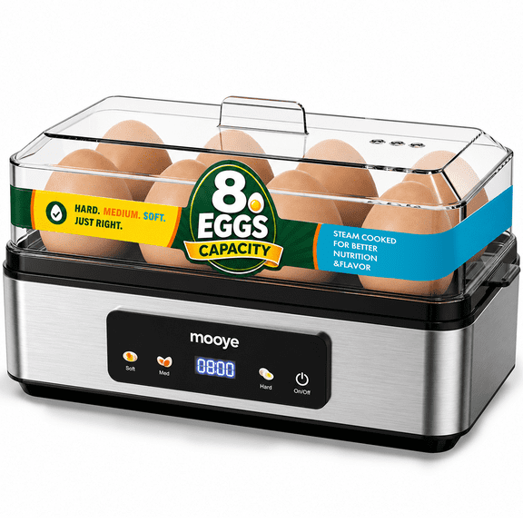 Mooye Rapid Egg Cooker, 8-Egg Electric Egg Boiler & Steamer, Soft Medium Hard Boiled, Poacher & Omelet Maker, Auto Shut-Off, BPA-Free