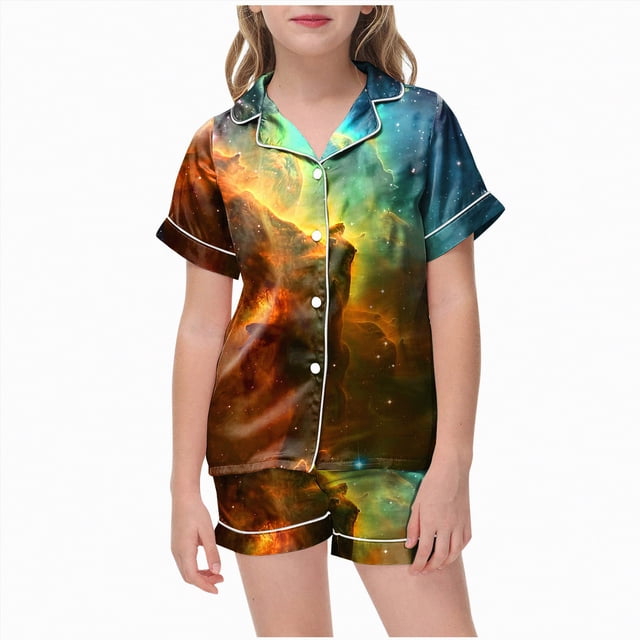 Curenmufel Pjs Pyjama Filles Filles Manches Courtes Haut à Col Cranté et Short Ensemble de Pyjama, 2 Pcs Taille 8-9 (Café, 8-9 Ans)
