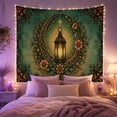 thumbnail image 2 of Ornate Lantern with Crescent Moon and Floral Wreath on Mottled Teal Sky, Mystical Boho for Moon Lovers, Celestial Garden Art, Housewarming Gift, Tapestry Wall Hanging for Living Room and Bedroom, 2 of 7