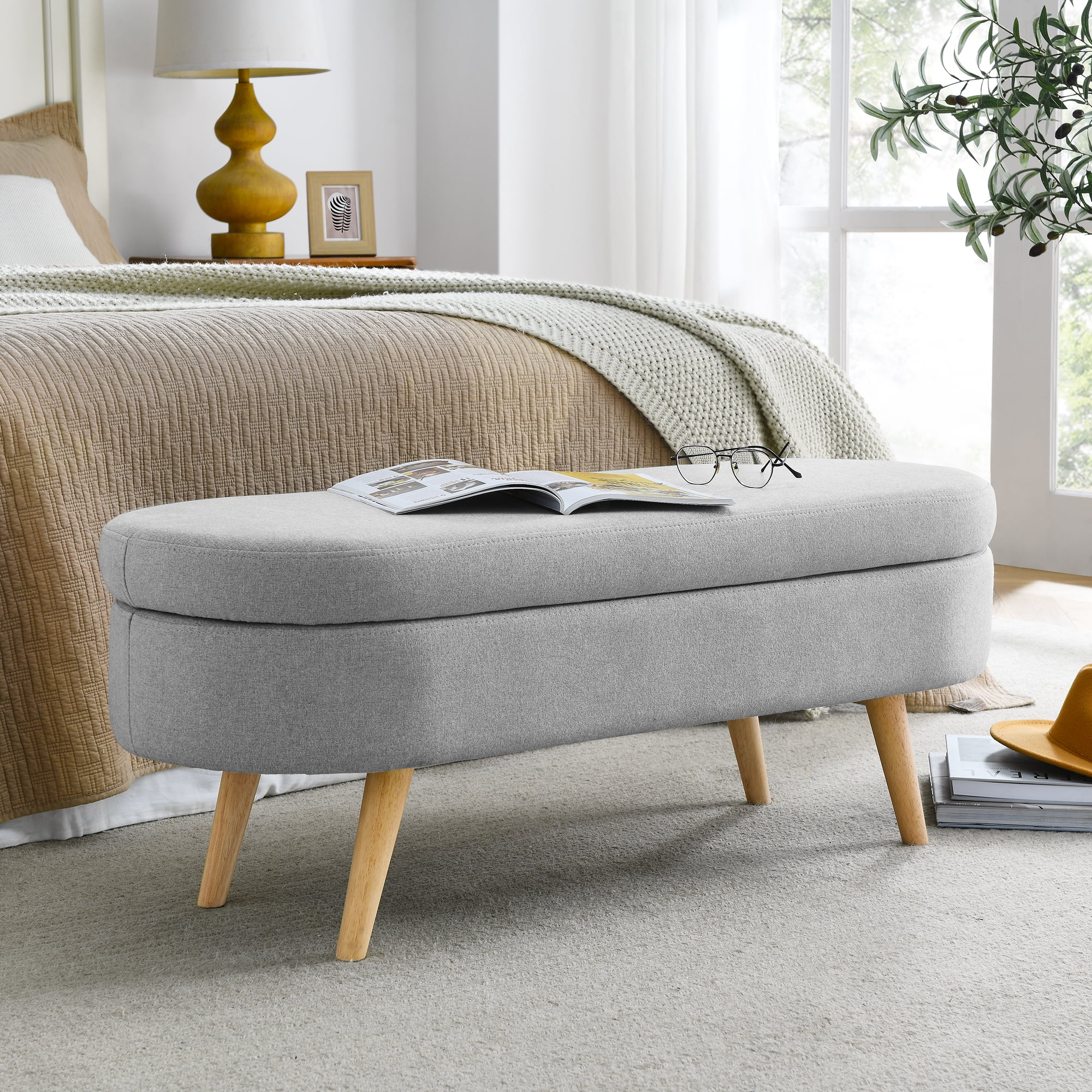 Linen Upholstered Tufted Bench, Storage Ottoman with Padded Seat, Storage Bench with Solid Wood Leg,Coffee Table, Footrest, Large Chest for Entryway, Bedroom, Living Room, Holds up to 660 lb, Gray