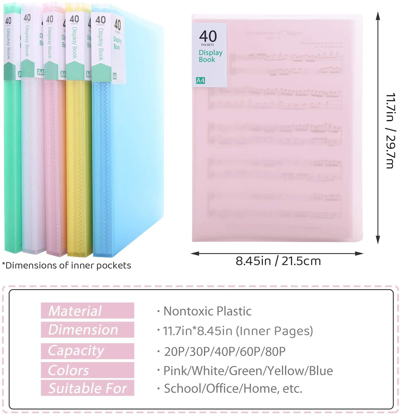 Jetec 7 Pack Presentation Binder with Plastic Sleeves 8.3x11.7 40 Pocket Art  Portfolio Folder Colorful Display Book A4 Presentation Book with Clear  Sheet Protectors for Artwork, Each Display 80 Pages - Yahoo Shopping