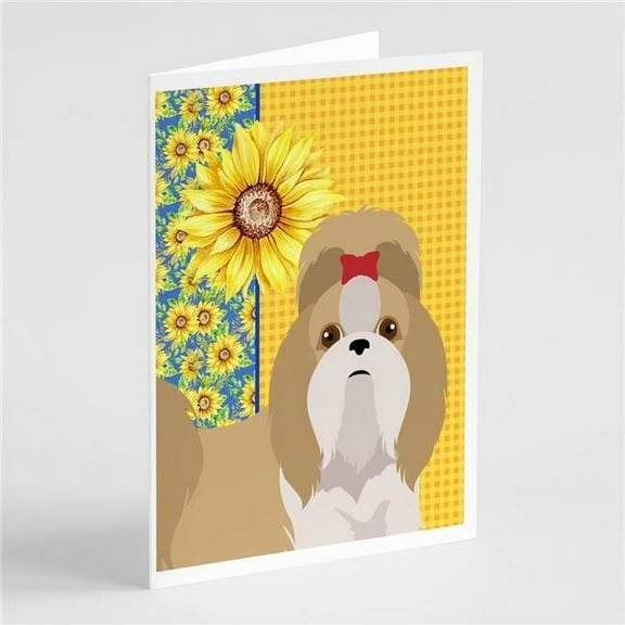 Summer Sunflowers Gold and White Shih Tzu Greeting Cards and Envelopes Pack of 8 7 in x 5 in