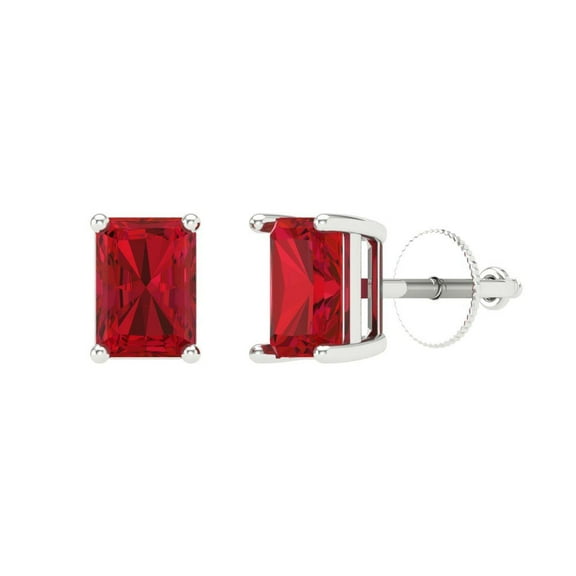 Clara Pucci 2 ct Brilliant Emerald Cut Solitaire Studs VVS1 Genuine Conflict free Red Ruby Solid 18K White Gold Designer Everyday Earrings Screw back
