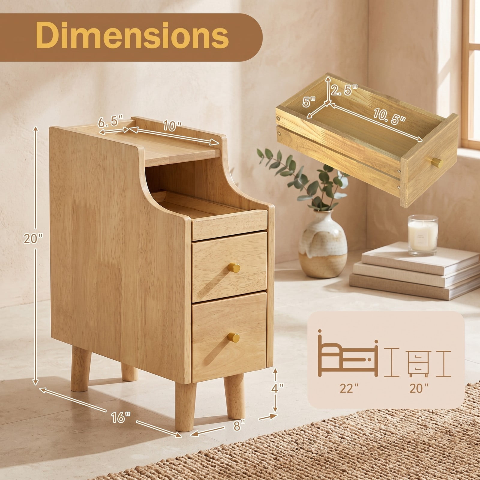Furnibear Set of 2 Solid Rubber Wood Nightstands with Pull-out Tray and 2 Storage Drawers for Bedroom Living Room and Small Spaces, Natural