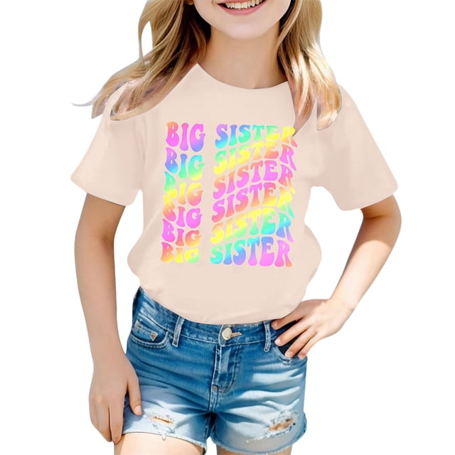 LUOGENLI T-Shirt pour Filles Mode Décontractée Lettre Col Rond Manches Courtes T-Shirt Haut 4 Maxi Ensembles 2 Pcs Plage Beige 6-7 Ans