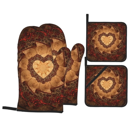 YFYANG Oven Mitts and Pot Holders Sets 4 Pieces Non-Slip Heat Resistant Brown Vintage Texture Kitchen Glove Pot Mat for Cooking and Baking