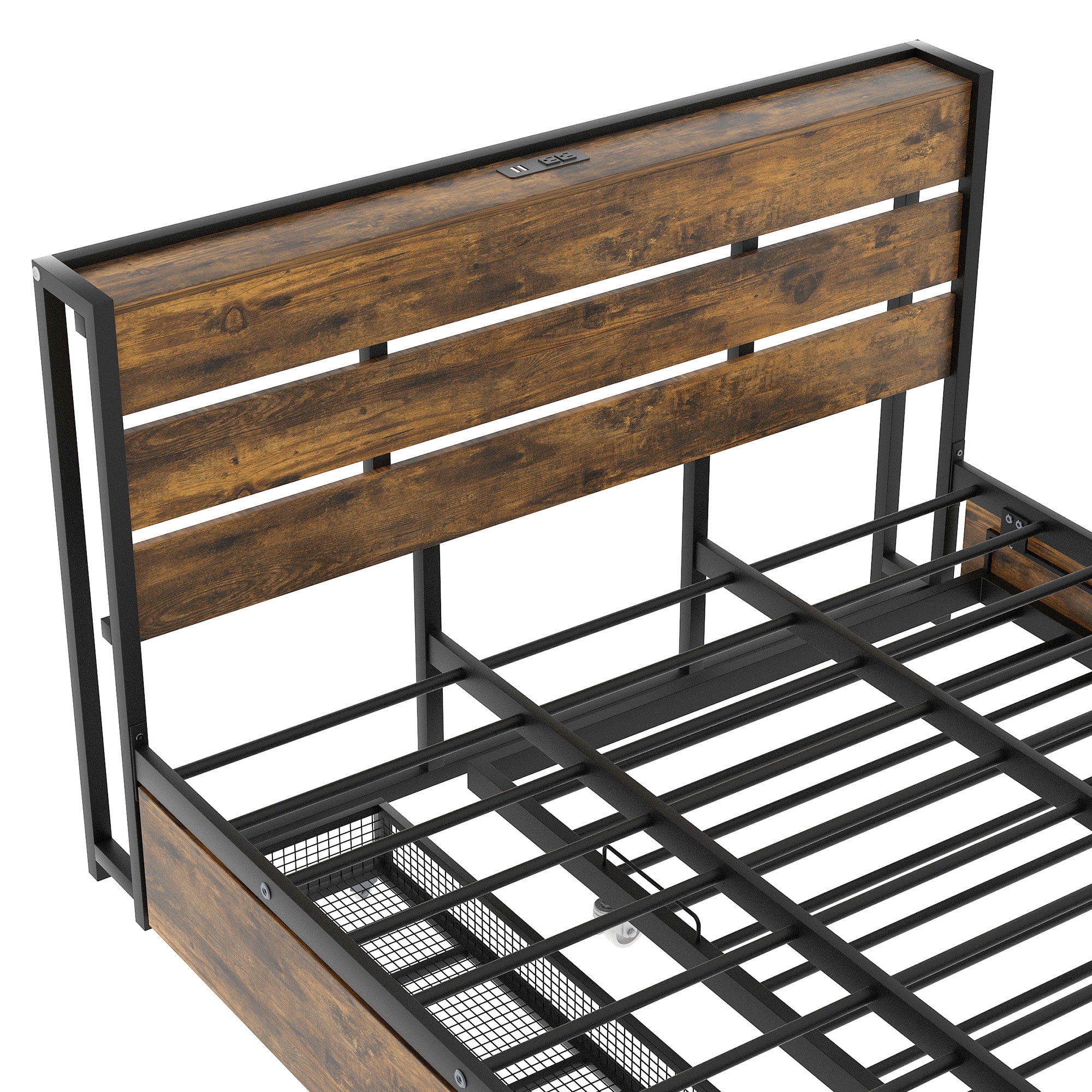 Euroco Wood Metal Queen Size Platform Bed with Functional Headboard, 4 Storage Drawers, Charging Station and USB Ports, Black